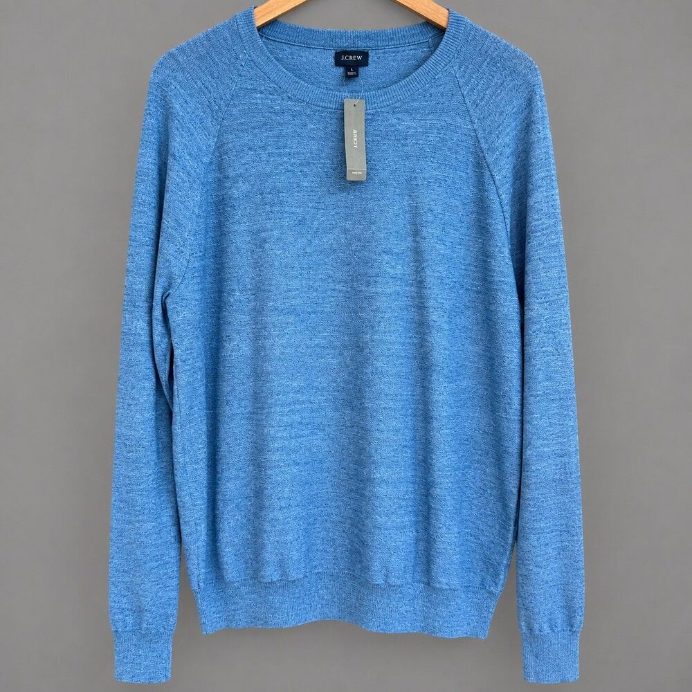 NWT J.Crew Men's Cotton Crewneck Sweater Size Large Tall LT Blue Marl Raglan